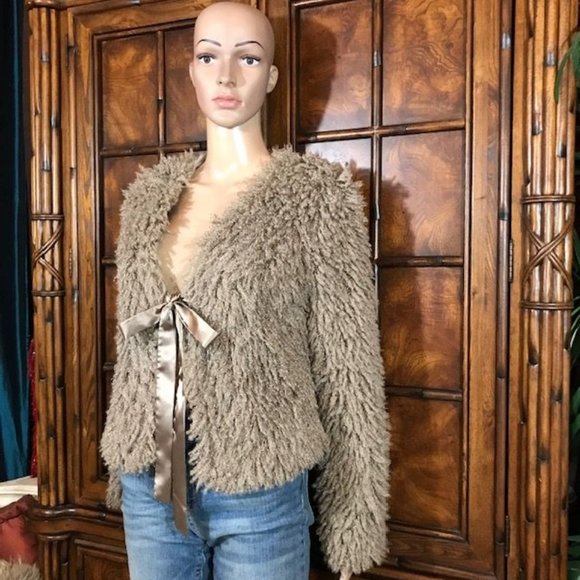 Max Studio Faux Curly Lamb Fur Satin Tie Jacket - Picture 2 of 11